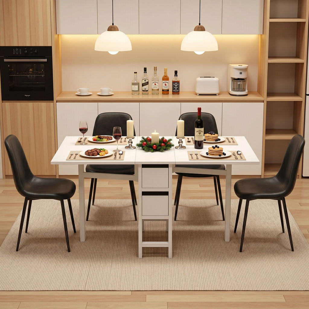 Dining area with a table set for a meal, surrounded by chairs in a modern kitchen.