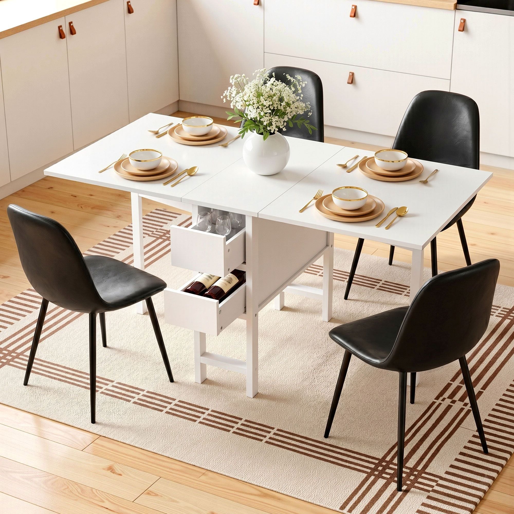 Dining table set with chairs and tableware in a kitchen