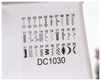 Patterned fabric with embroidery designs and number DC1030 on a white backgroun