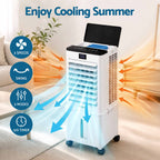 A white portable air conditioner fan with a black top panel and blue accents, shown in a living room setting with airflow graphics and feature callouts including 3 speeds, swing, 3 modes, and 12H timer.