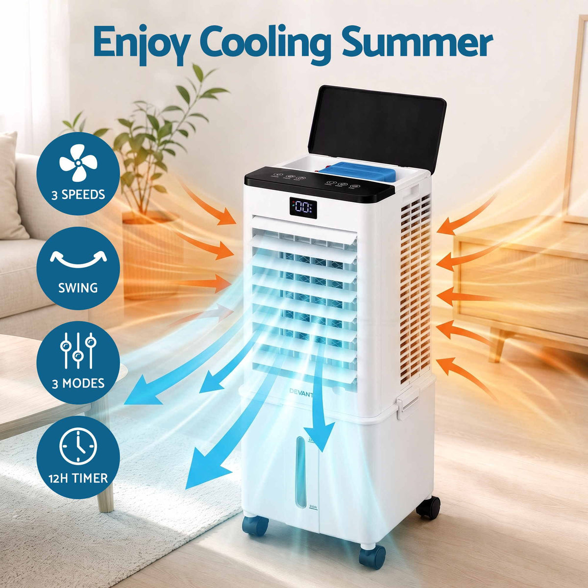 A white portable air conditioner fan with a black top panel and blue accents, shown in a living room setting with airflow graphics and feature callouts including 3 speeds, swing, 3 modes, and 12H timer.