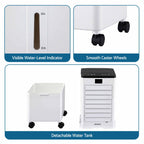 A product feature collage showing a white portable water cooler with a detachable water tank on casters, including close-ups of a visible water-level indicator, smooth caster wheels, and the detachable white water tank.