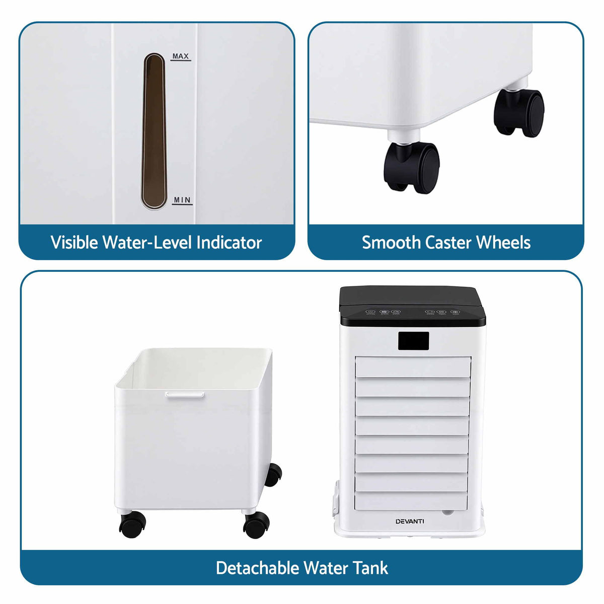 A product feature collage showing a white portable water cooler with a detachable water tank on casters, including close-ups of a visible water-level indicator, smooth caster wheels, and the detachable white water tank.