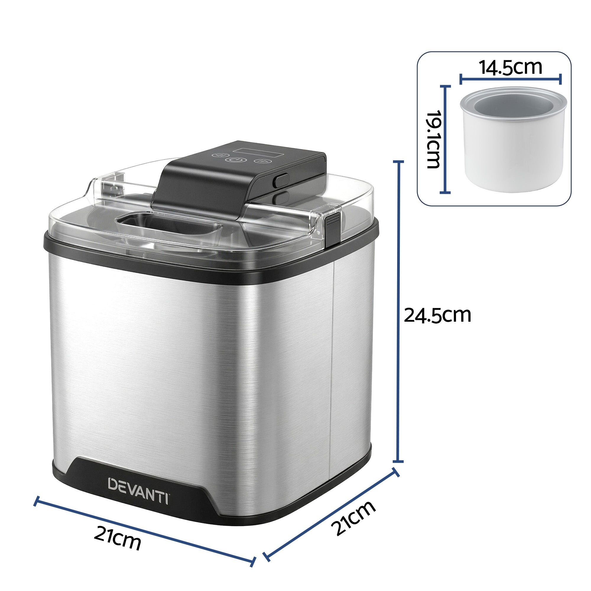 Devanti ice cream maker with dimensions on a white background