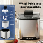 Stainless steel ice cream maker with labeled parts on a blue panel, placed on a kitchen counter.