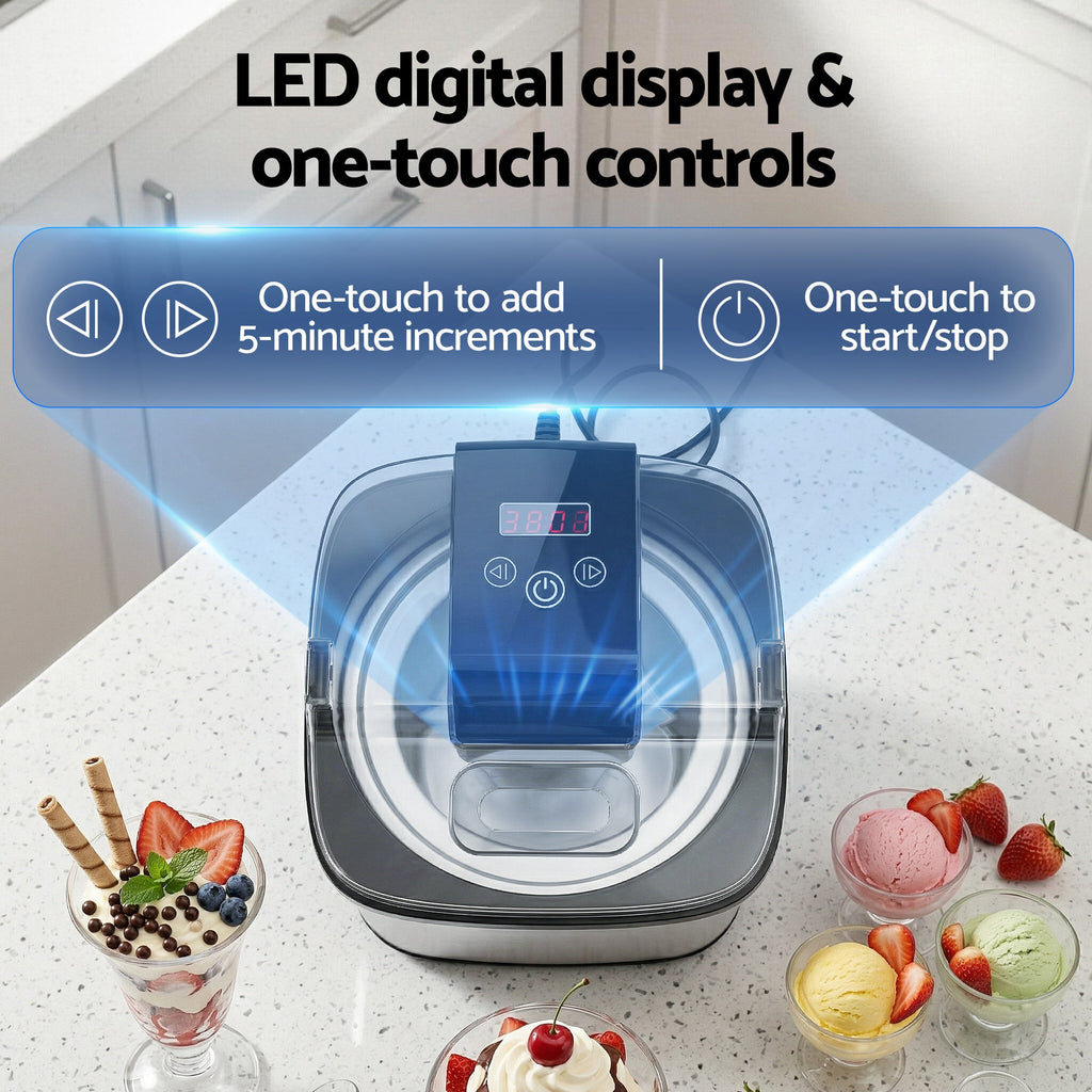 Dishwasher with LED digital display and one-touch controls on a kitchen counter with dessert glasses.