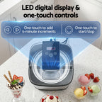 Dishwasher with LED digital display and one-touch controls on a kitchen counter with dessert glasses.