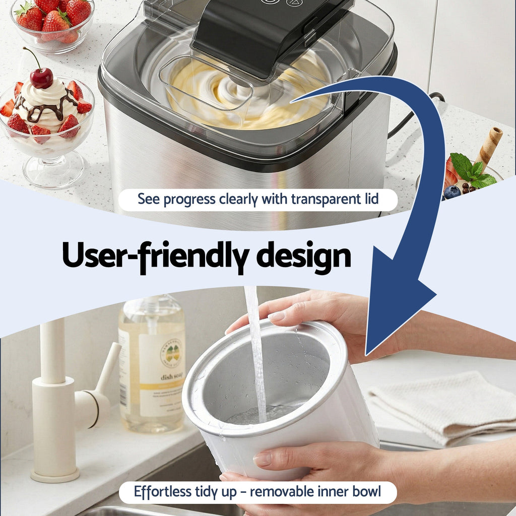 Kitchen appliance with transparent lid and removable inner bowl, shown in use.