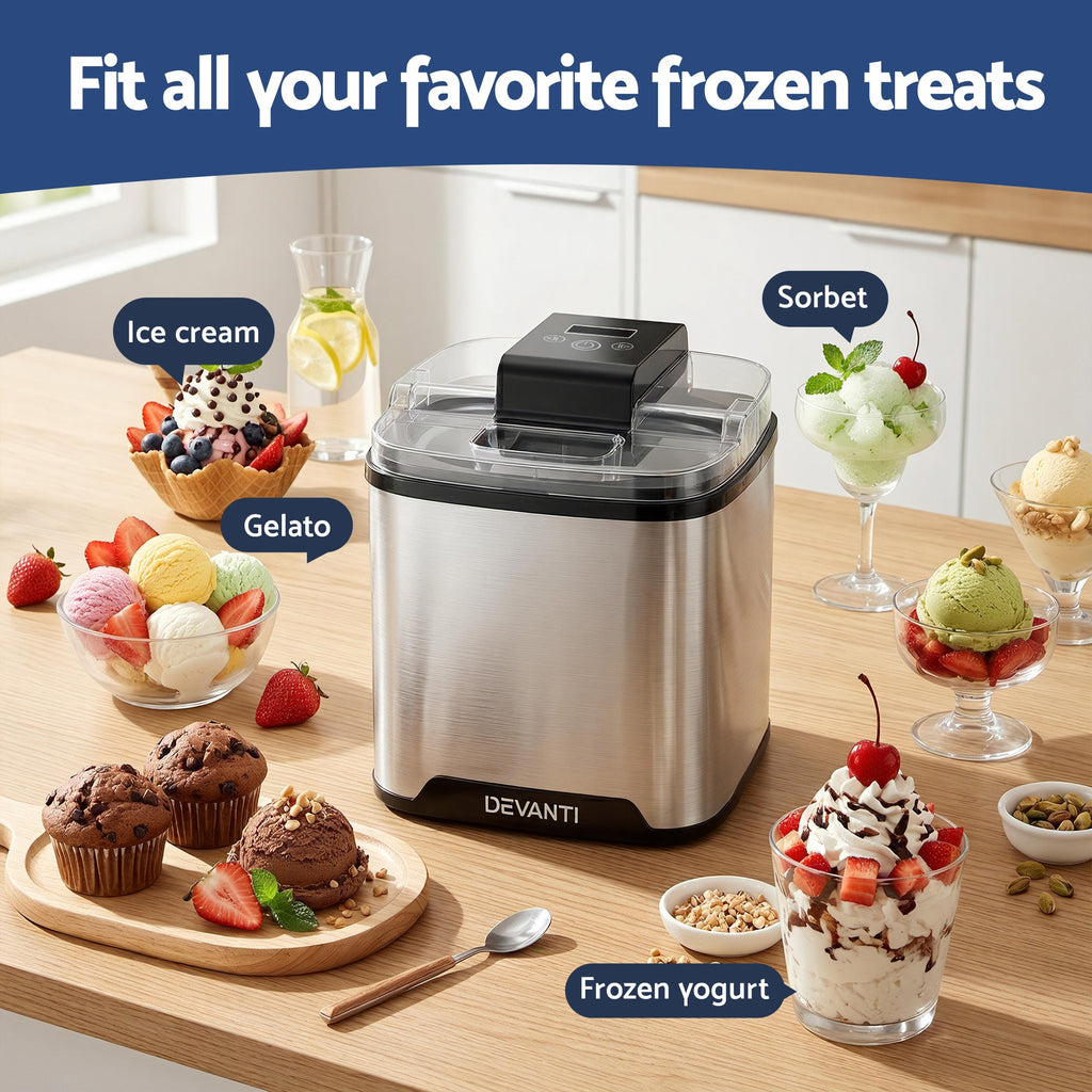 Devanti ice cream maker with various frozen treats on a wooden table