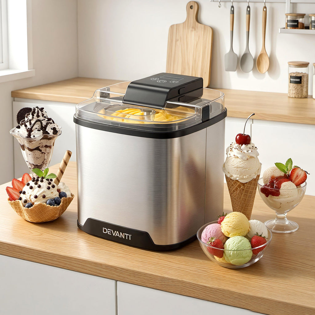 Devanti ice cream maker on a kitchen counter with various ice cream dishes around it.