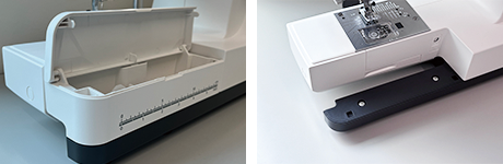 The front accessory tray and parts cuntainer on the new Janome SewSwitch combo sewing and ovrocing machine
