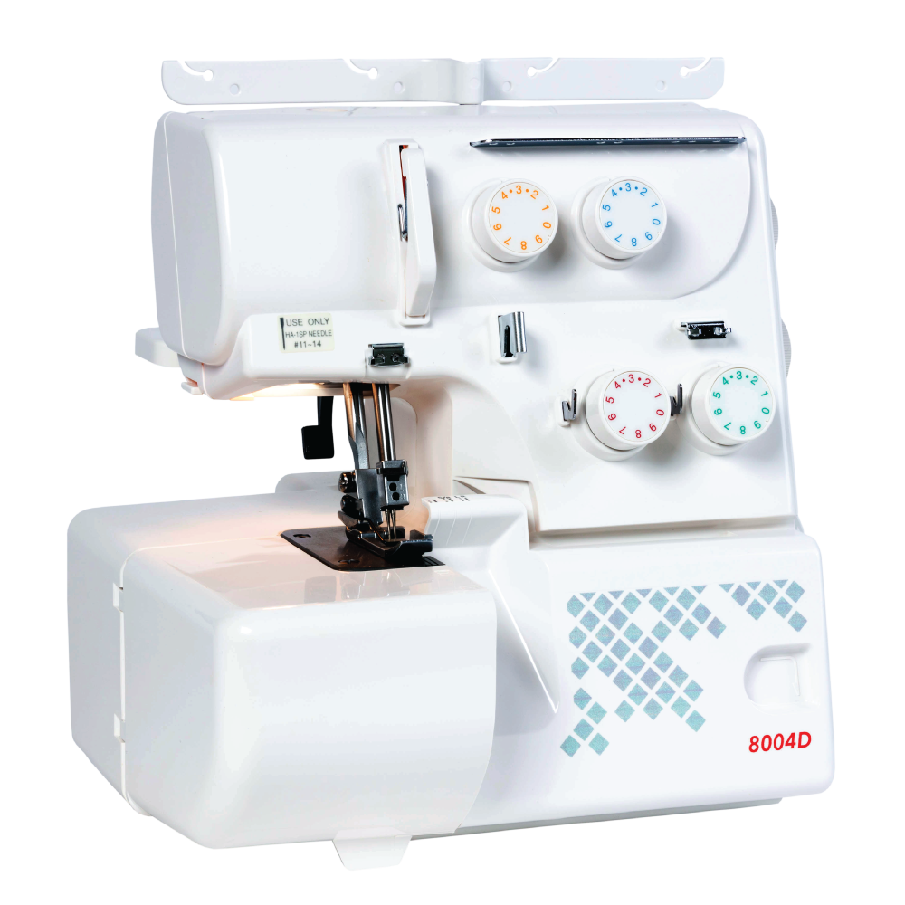 White Janome 8004d overlocker sewing machine with control panels on a white background