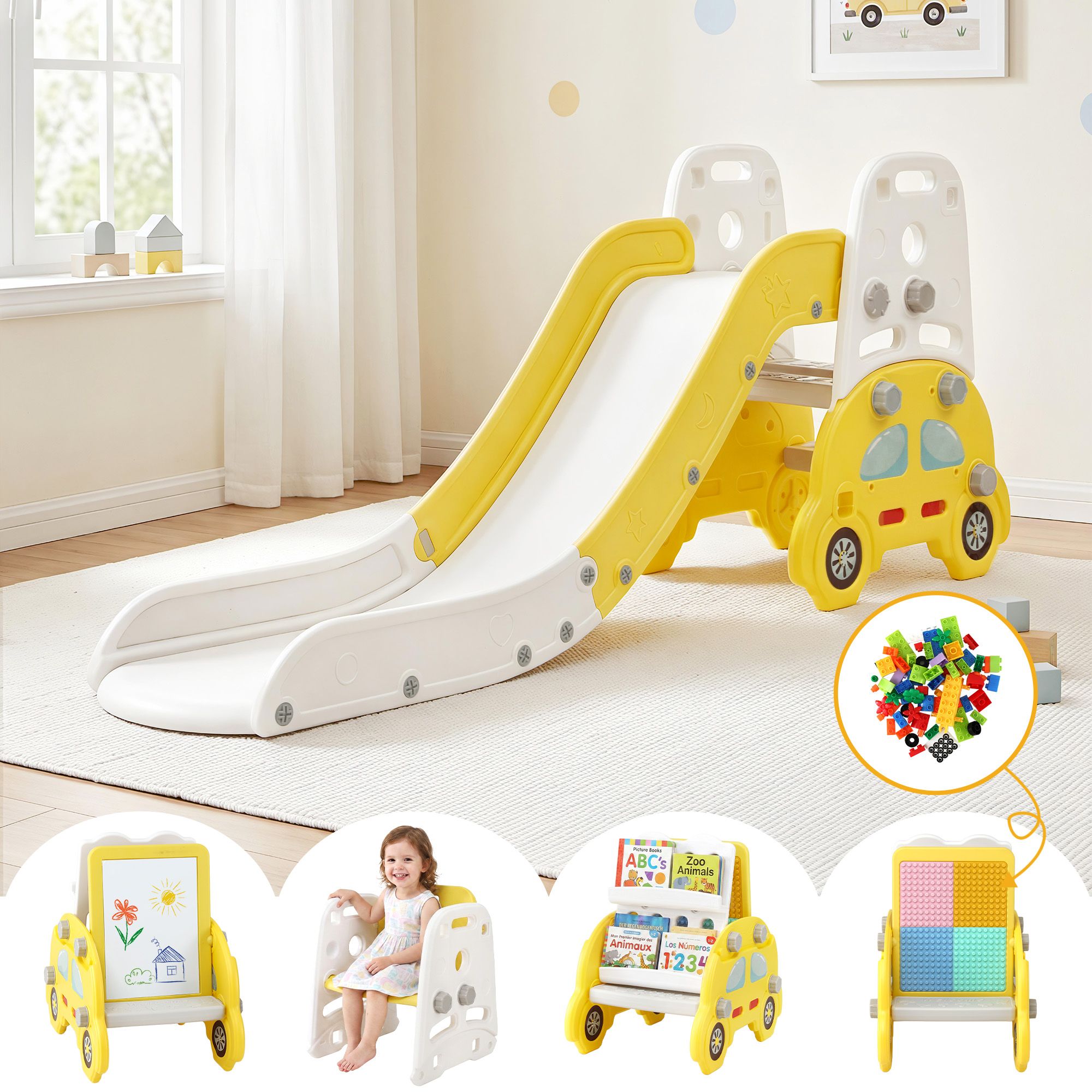 Children's slide with car design in a room with a window and toys.