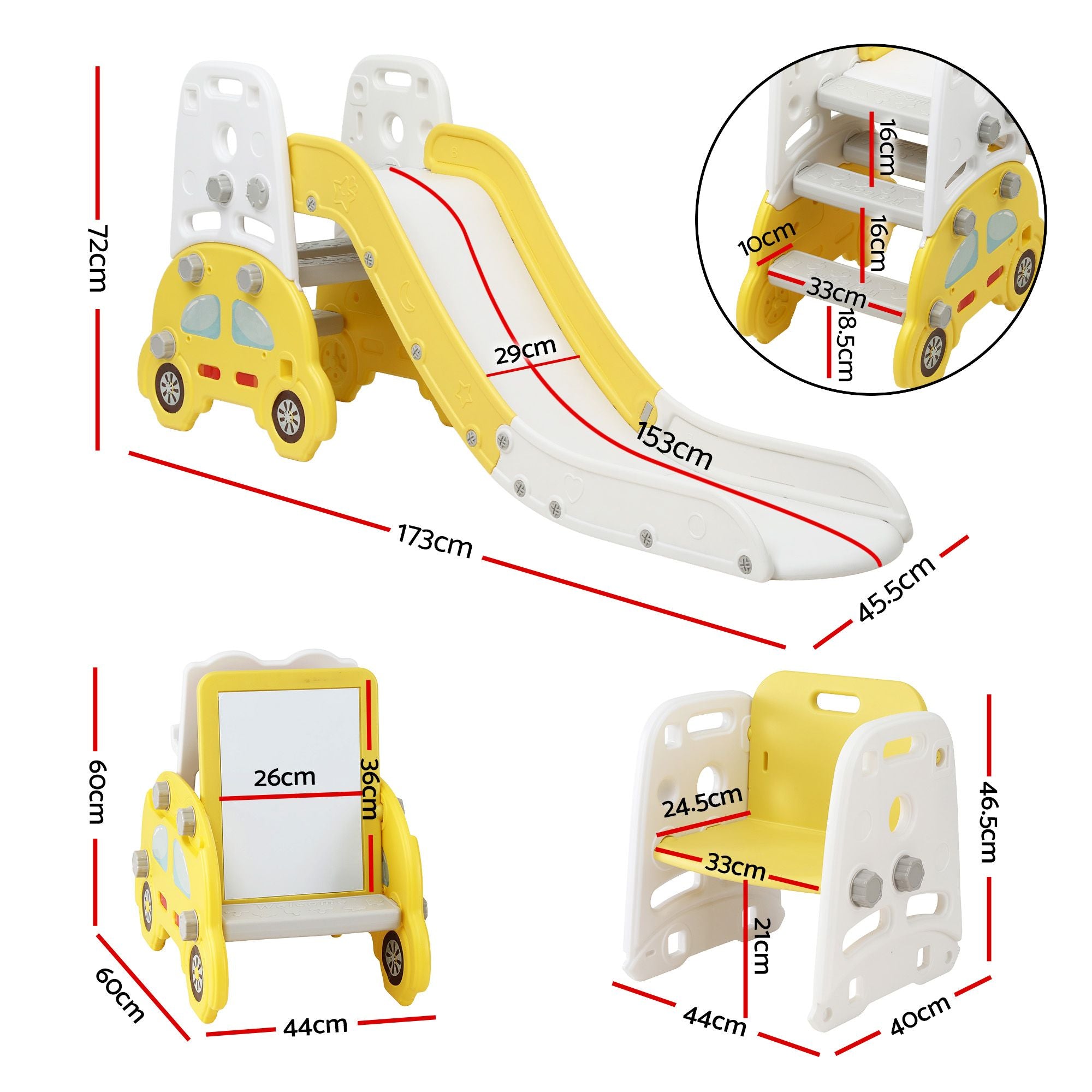 Children's slide with measurements on a white background