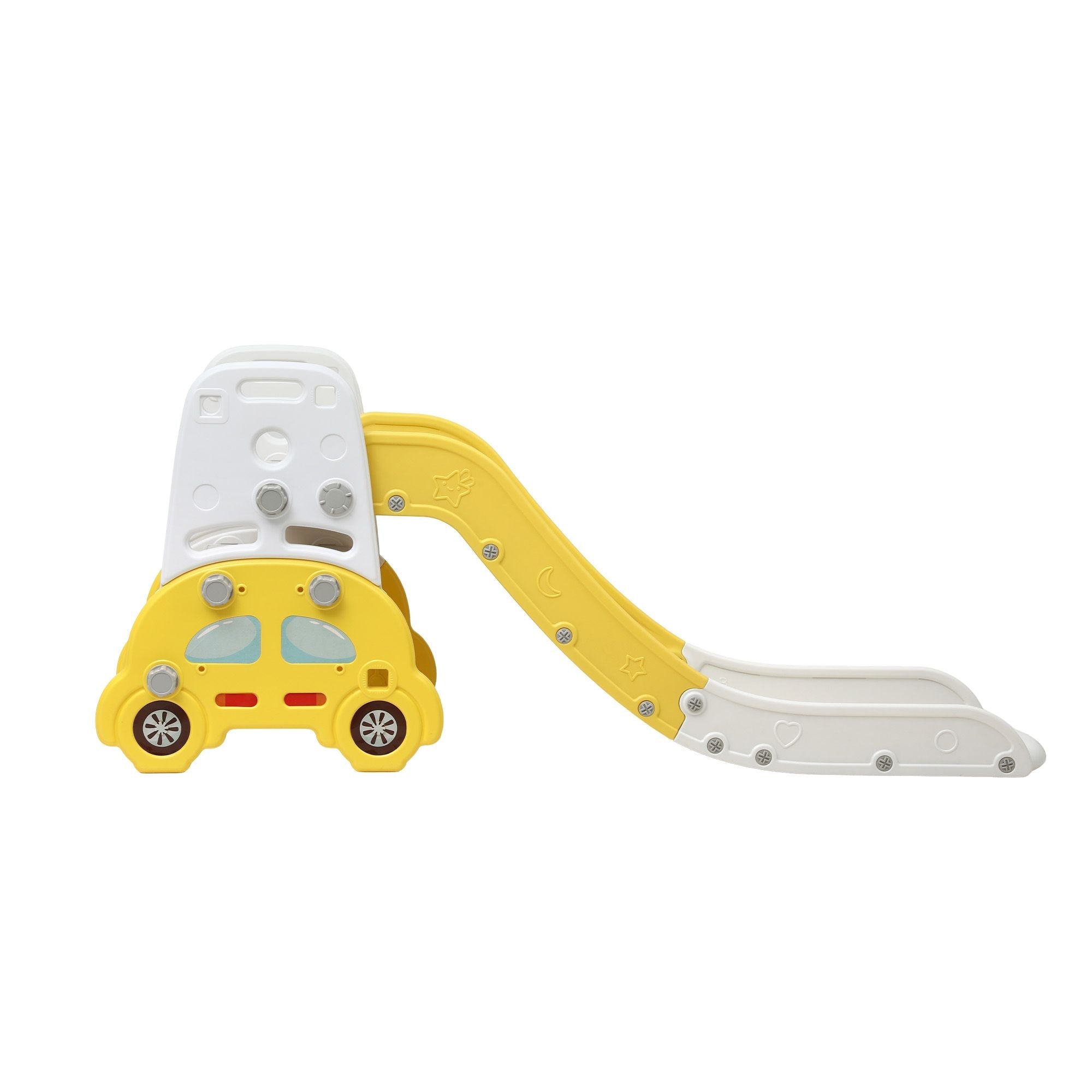 Yellow toy slide shaped like a car on a white background