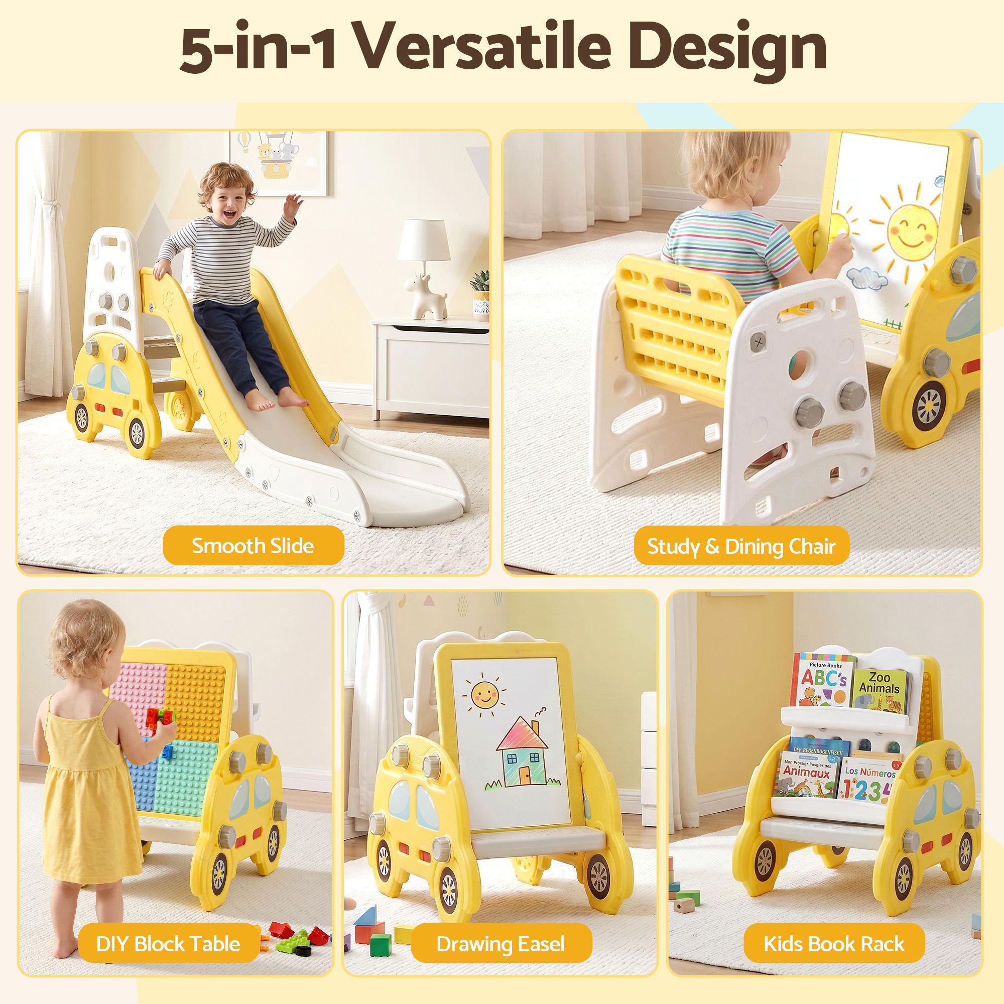 Multifunctional children's play structure with various features and text indicating versatility.