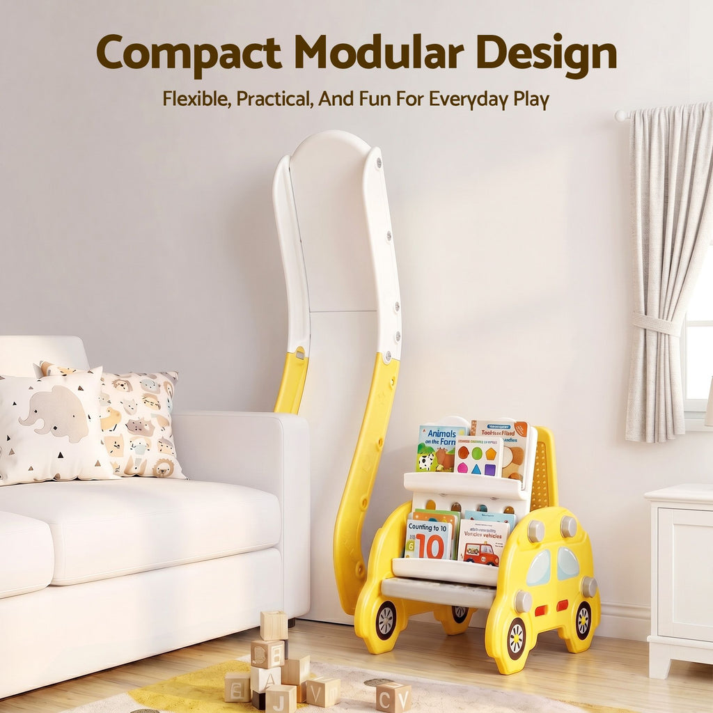 Yellow toy walker with books in a living room setting, featuring text about compact modular design.