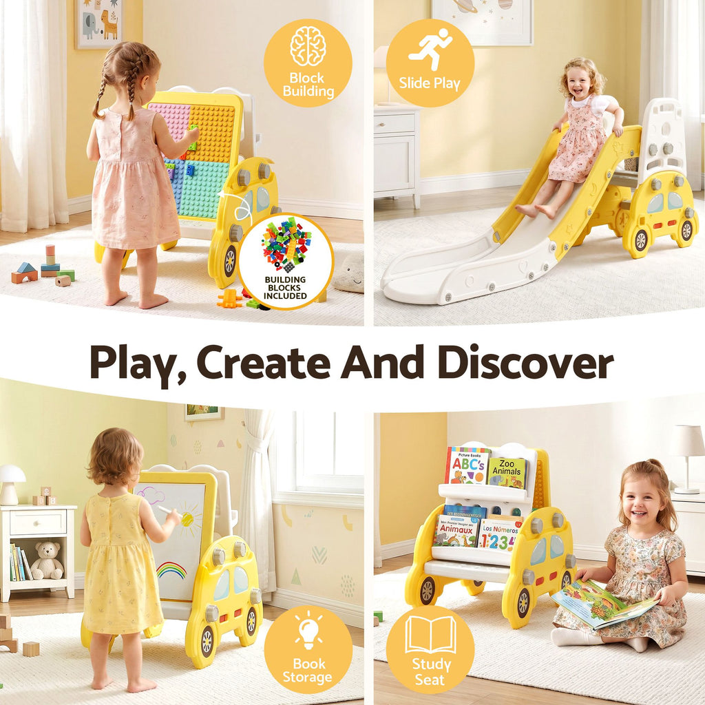 Collage of a child playing with various toys and furniture in a room.
