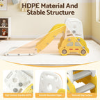 Children's slide with car design in a room setting, highlighting HDPE material and stable structure.