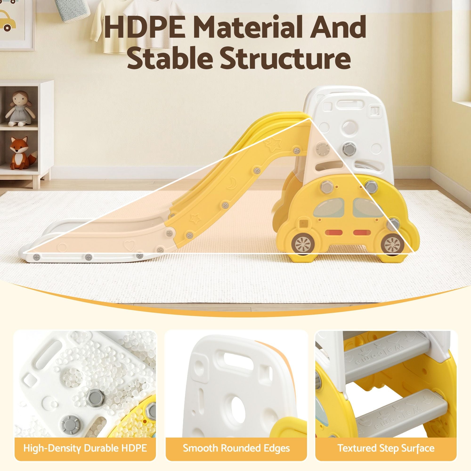 Children's slide with car design in a room setting, highlighting HDPE material and stable structure.