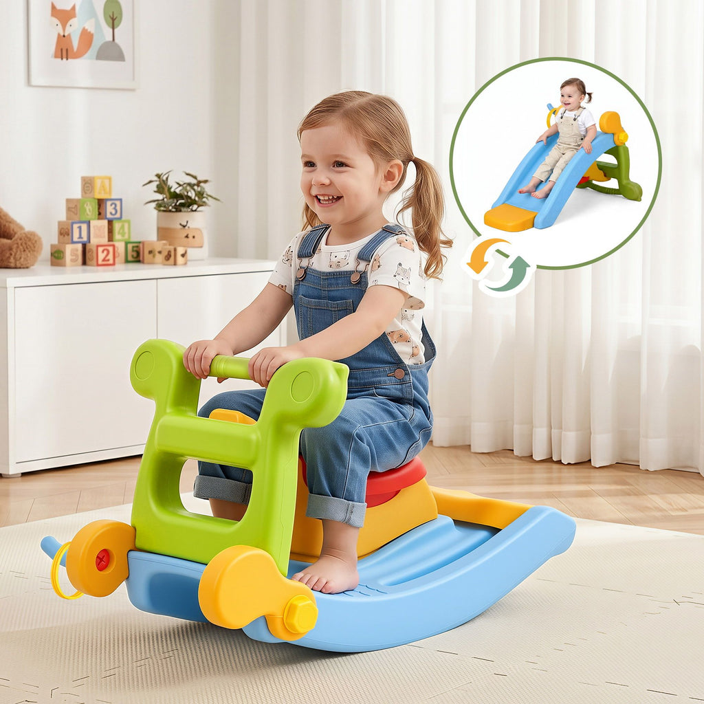 Child playing with a colorful toy slide and rocker in a room.