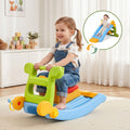 Child playing with a colorful toy slide and rocker in a room.