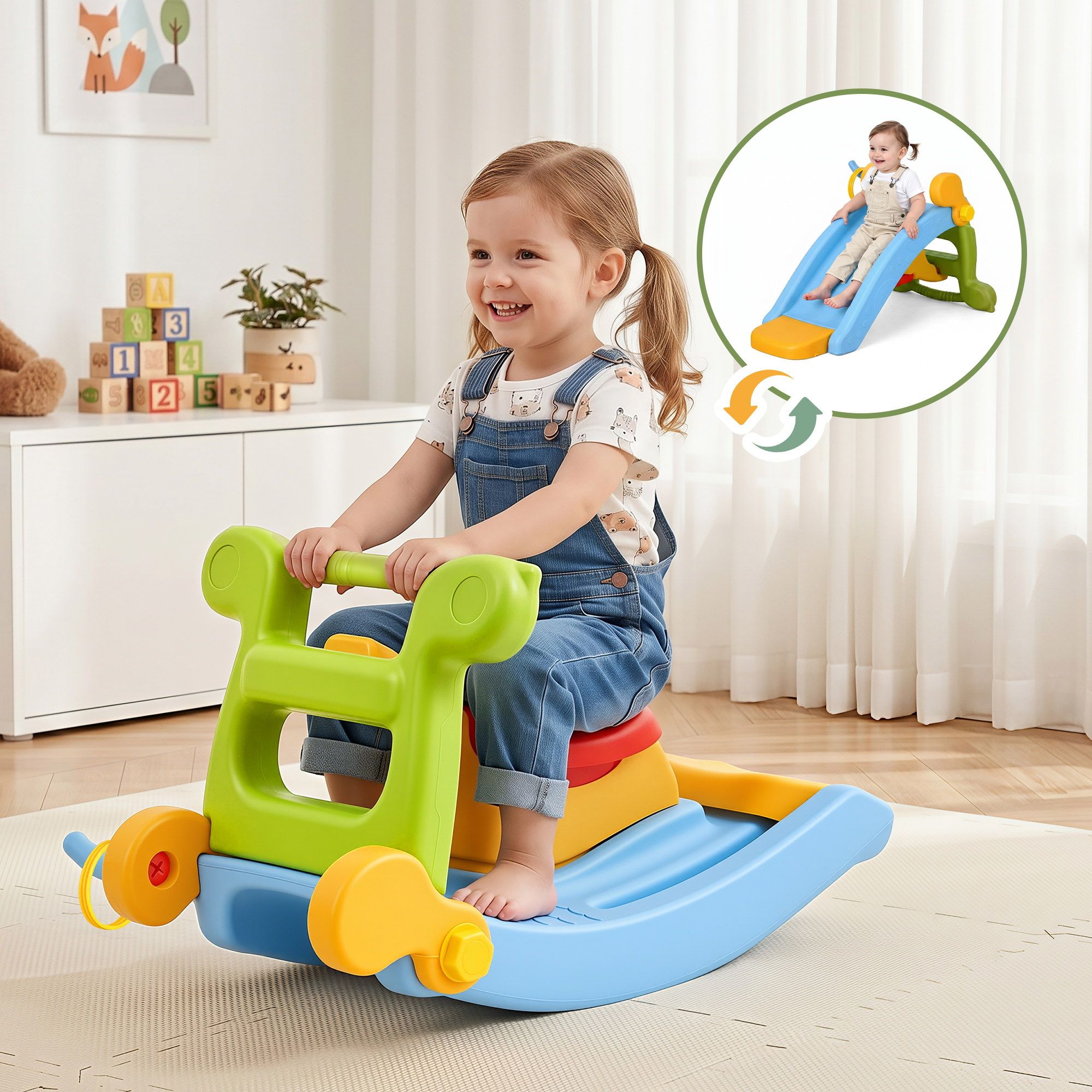 Child playing with a colorful toy slide and rocker in a room.