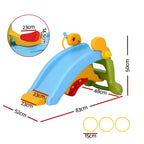 Colorful playground slide with dimensions indicated on a white background