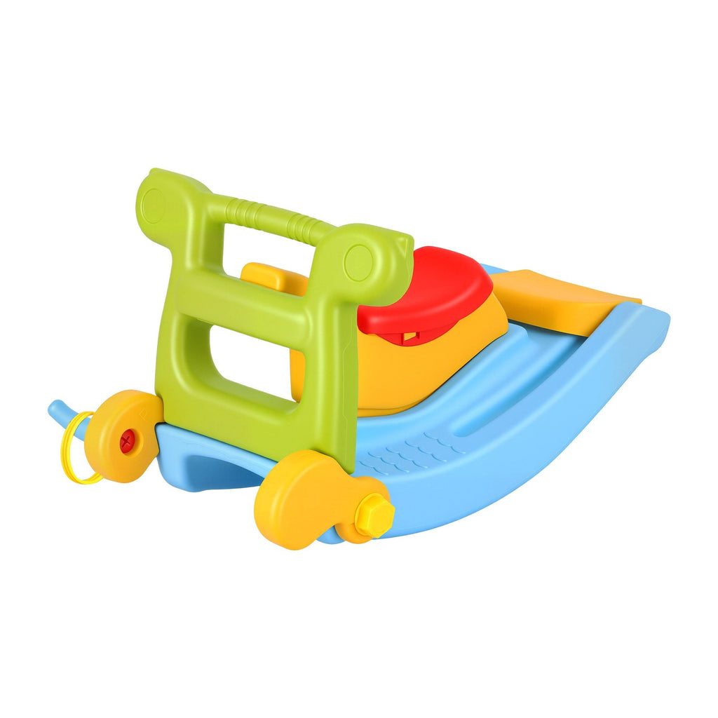 Colorful toy slide with green handle and red seat on a white background