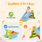 Children's playset with slide, rocking horse, and other features on a light beige background.