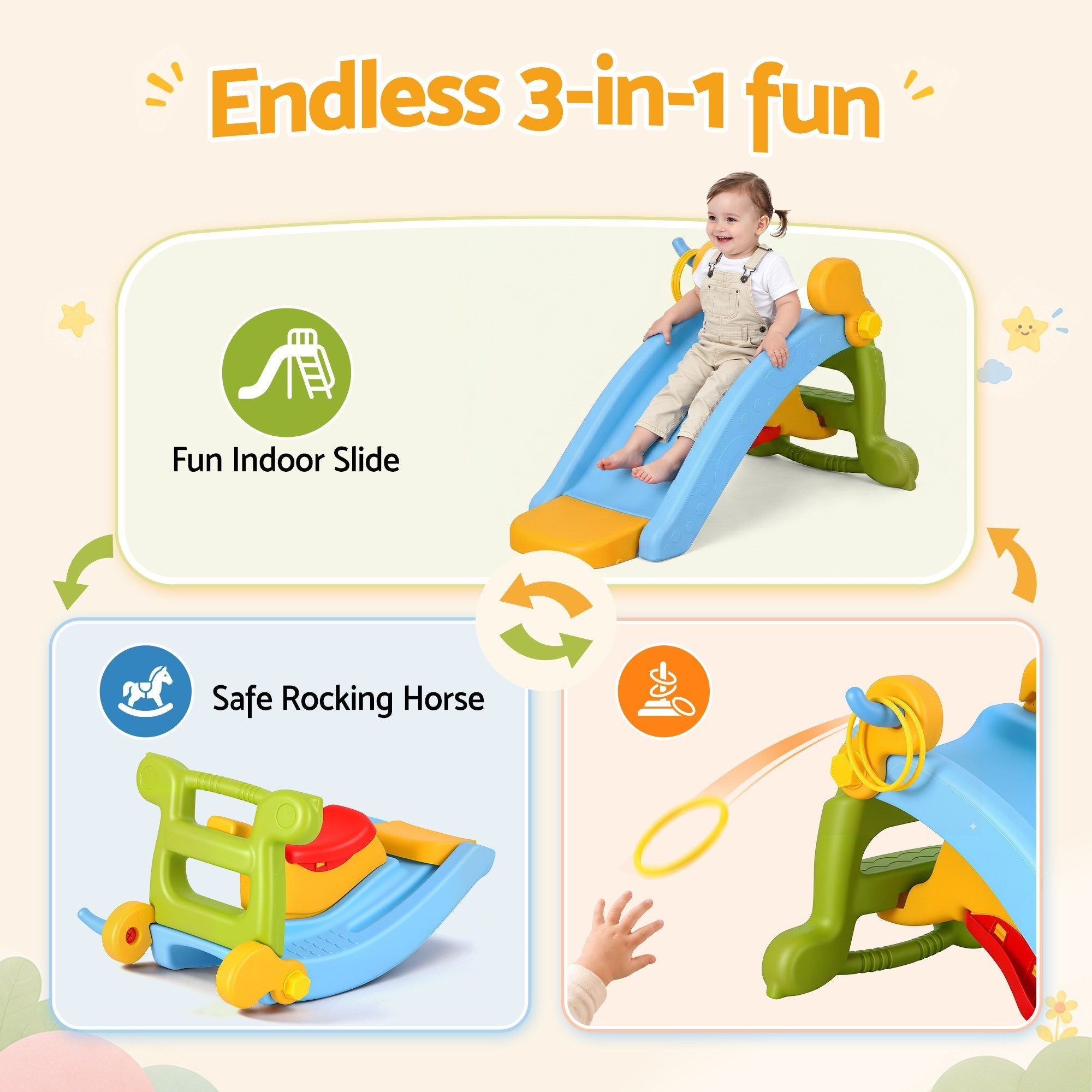 Children's playset with slide, rocking horse, and other features on a light beige background.