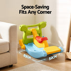 Colorful baby seat with dimensions labeled in a room setting