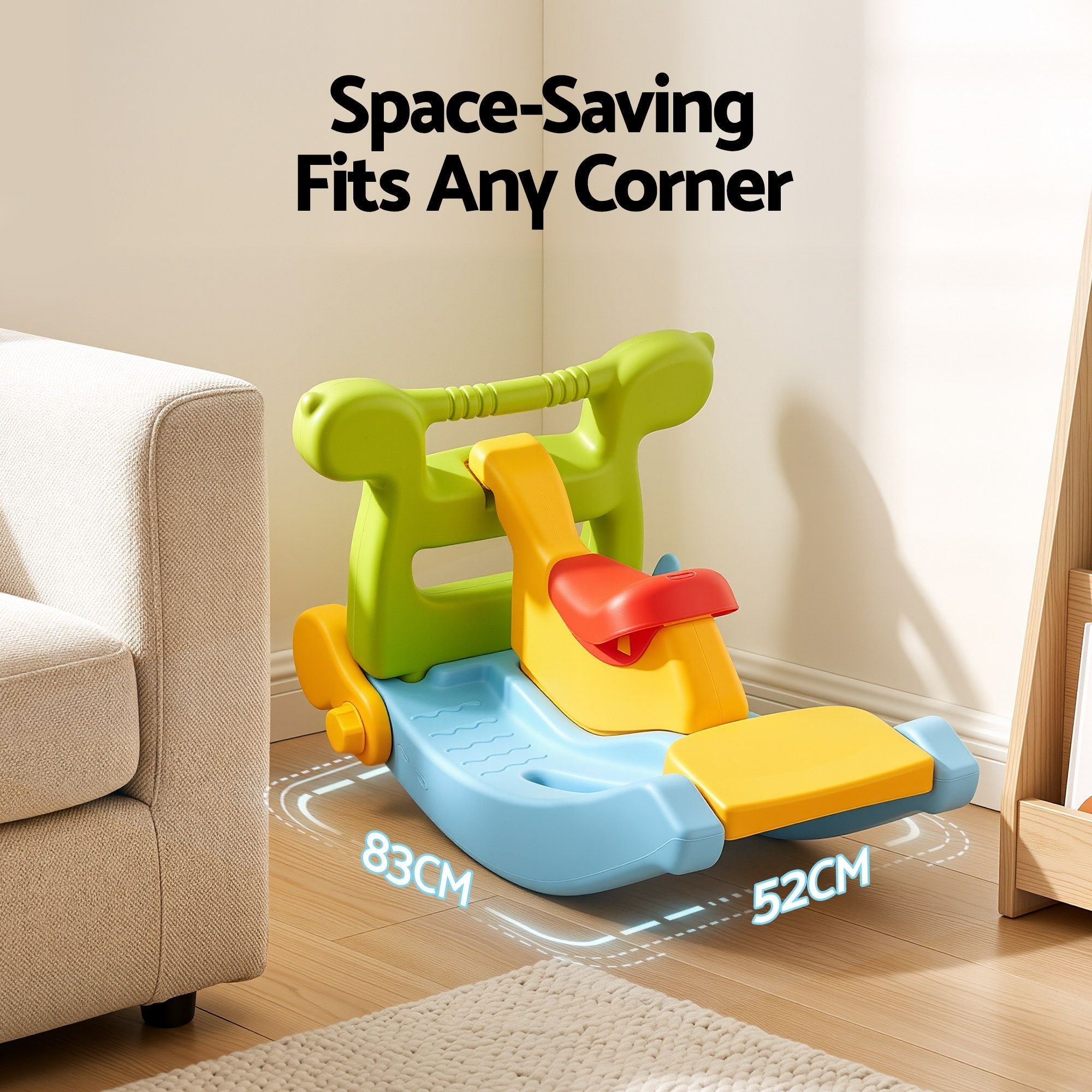 Colorful baby seat with dimensions labeled in a room setting