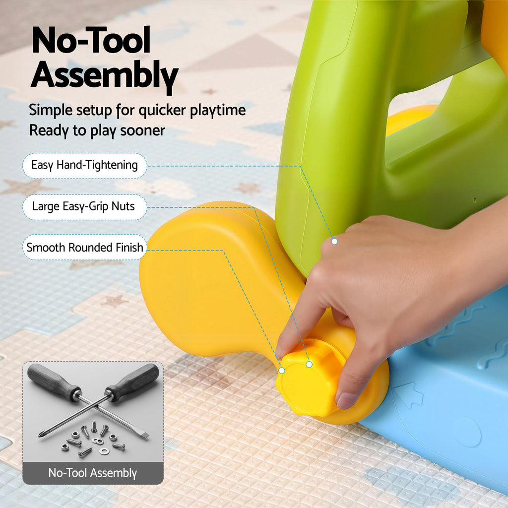 Children's play set with no-tool assembly feature, showing a hand tightening a nu