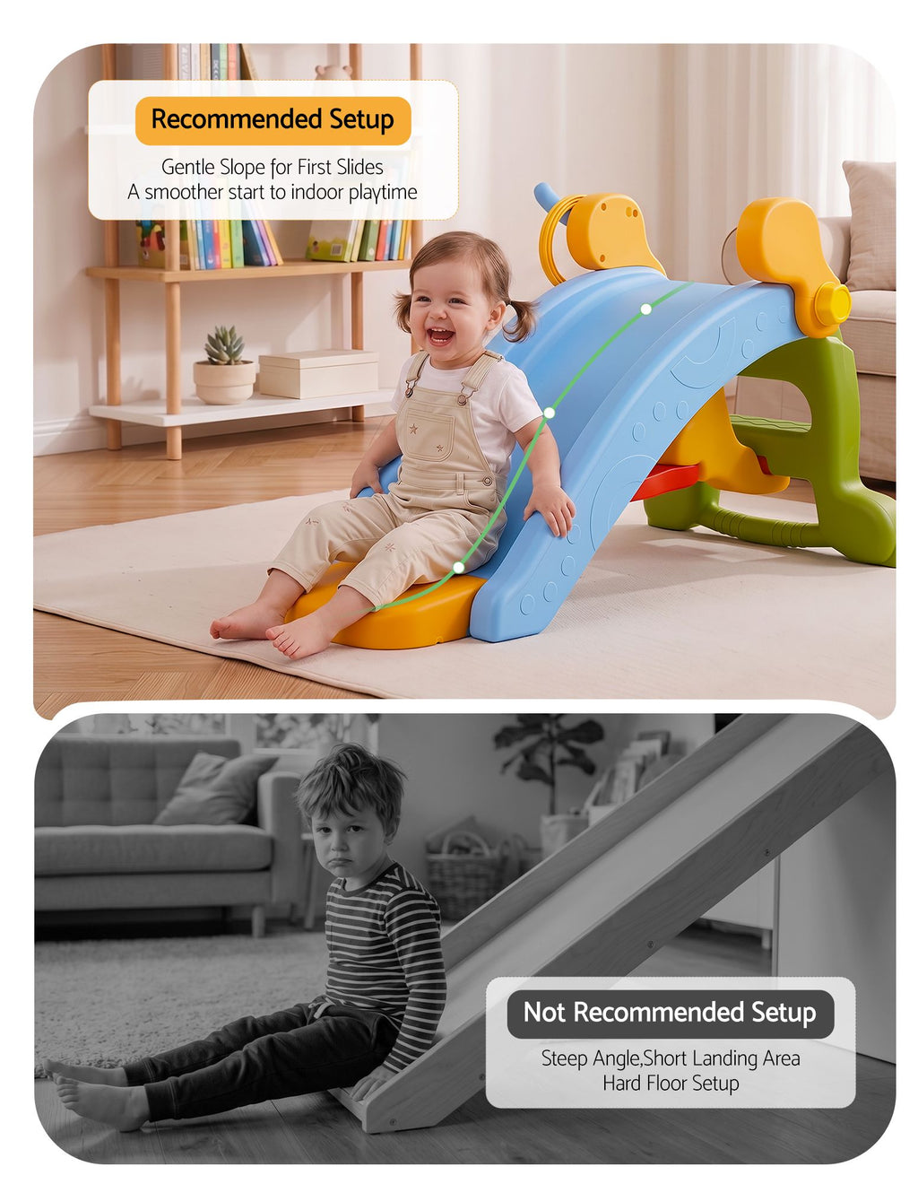 Child playing on a colorful slide in a living room with text indicating recommended and not recommended setups.