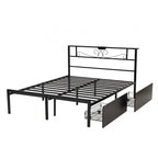 Black metal bed frame with a decorative headboard and built-in storage drawers, shown on a plain white background.