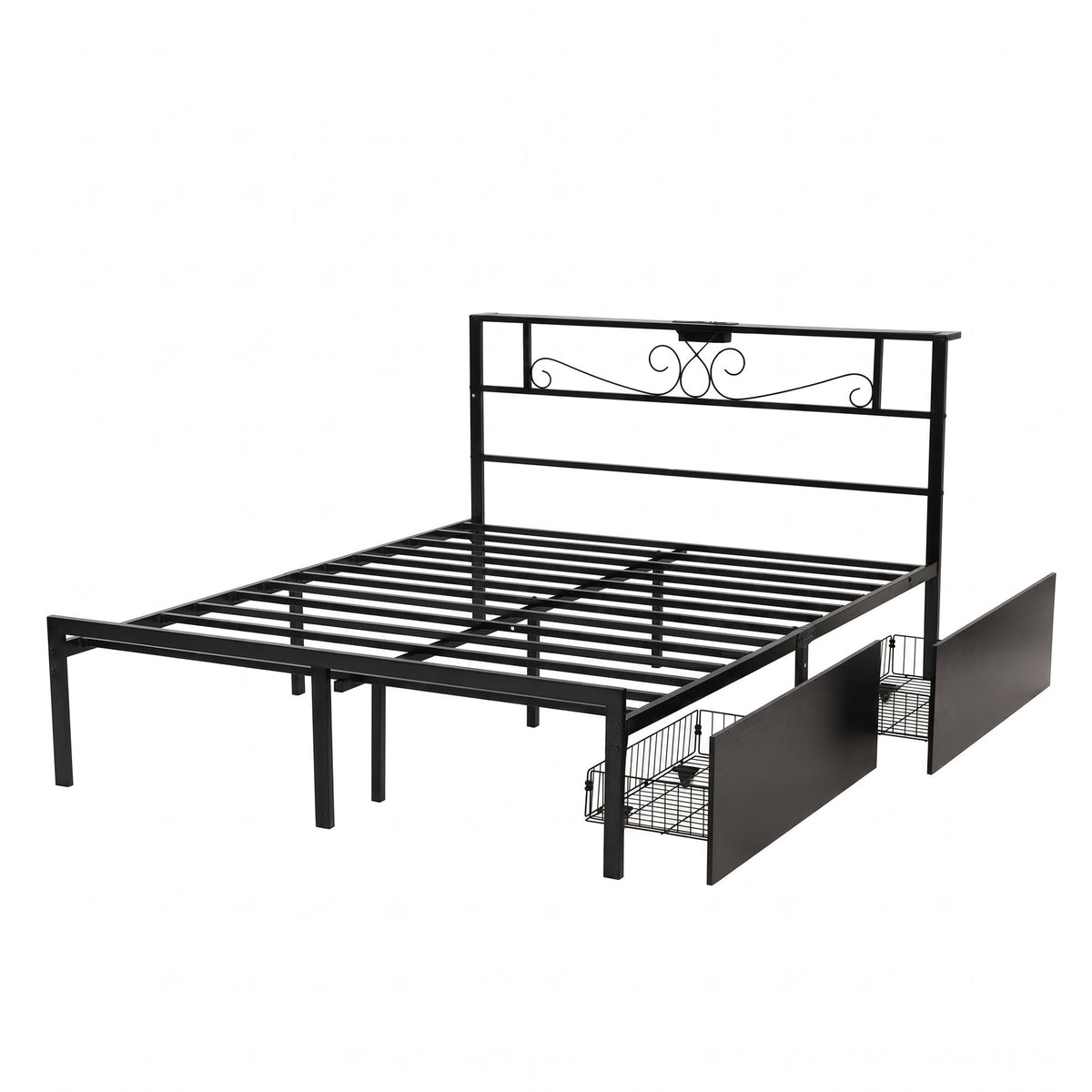 Black metal bed frame with a decorative headboard and built-in storage drawers, shown on a plain white background.