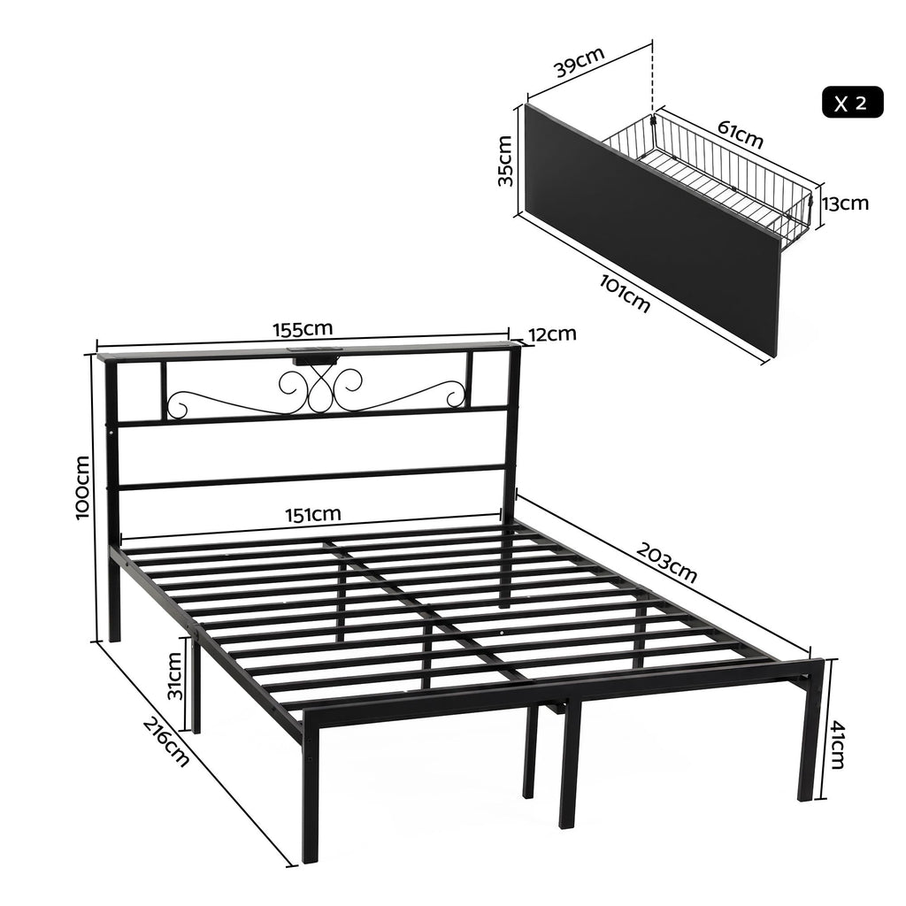 Black metal bed frame with dimension annotations showing the bed layout, headboard measurements, and a separate black panel component, on a white background.