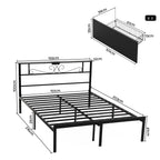 Black metal bed frame with dimension annotations showing the bed layout, headboard measurements, and a separate black panel component, on a white background.
