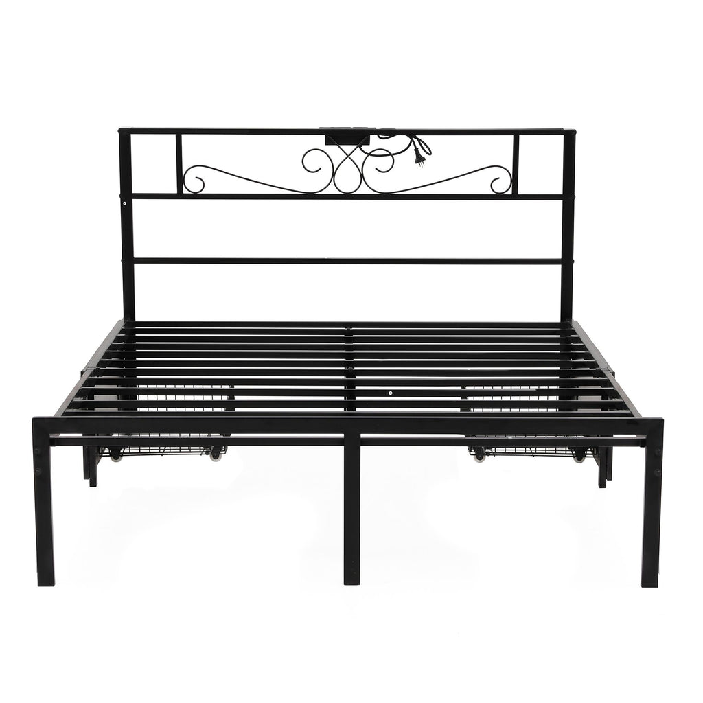 A black metal platform bed frame with an ornate scrollwork headboard and slatted base, shown against a plain white background.

Details