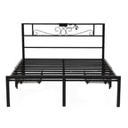 A black metal platform bed frame with an ornate scrollwork headboard and slatted base, shown against a plain white background.

Details