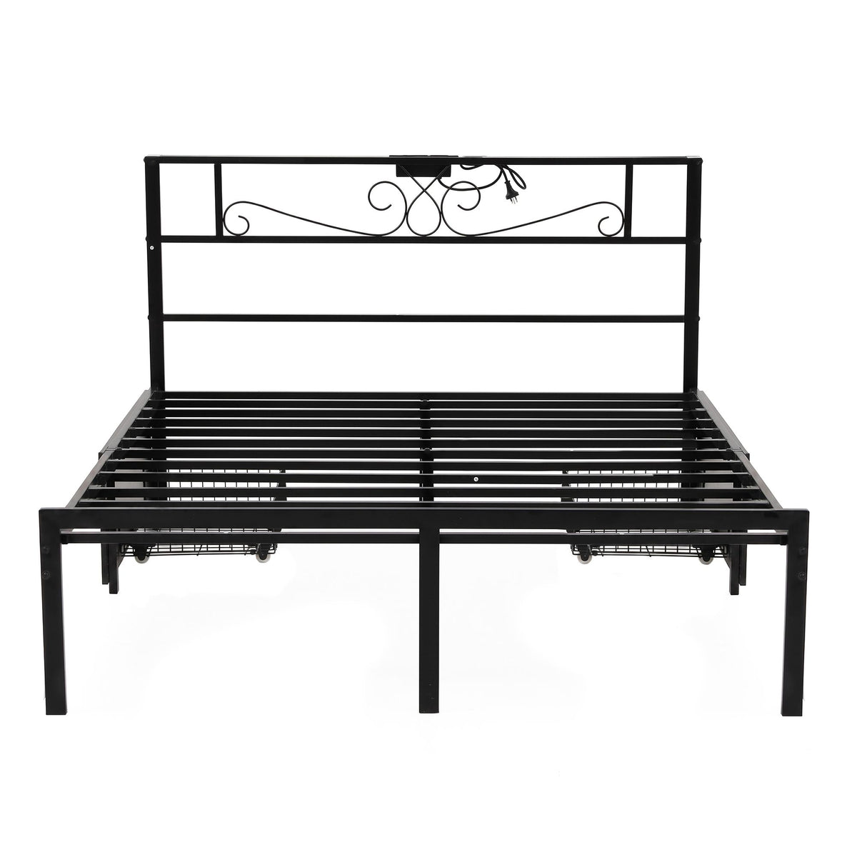 A black metal platform bed frame with an ornate scrollwork headboard and slatted base, shown against a plain white background.

Details