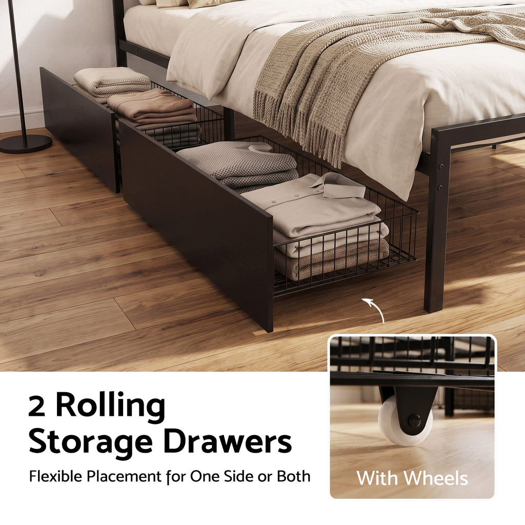 A bed frame with two dark rolling storage drawers partially open, showing folded bedding and storage baskets underneath on a wood floor. Text reads '2 Rolling Storage Drawers' and includes a small inset showing the wheel detail.