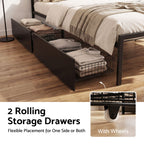 A bed frame with two dark rolling storage drawers partially open, showing folded bedding and storage baskets underneath on a wood floor. Text reads '2 Rolling Storage Drawers' and includes a small inset showing the wheel detail.