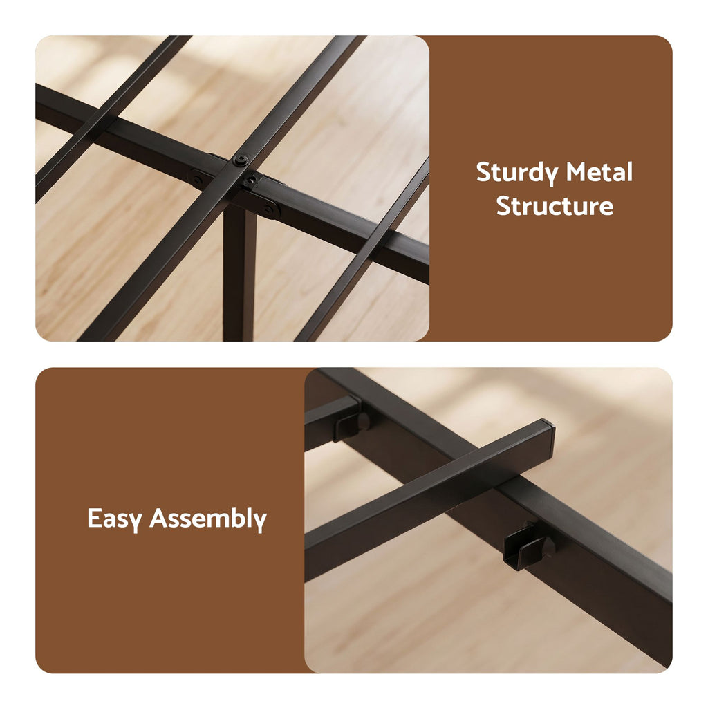 Two-panel product feature graphic showing close-up views of a black metal bed frame on a light wood floor, with text reading 'Sturdy Metal Structure' and 'Easy Assembly'.