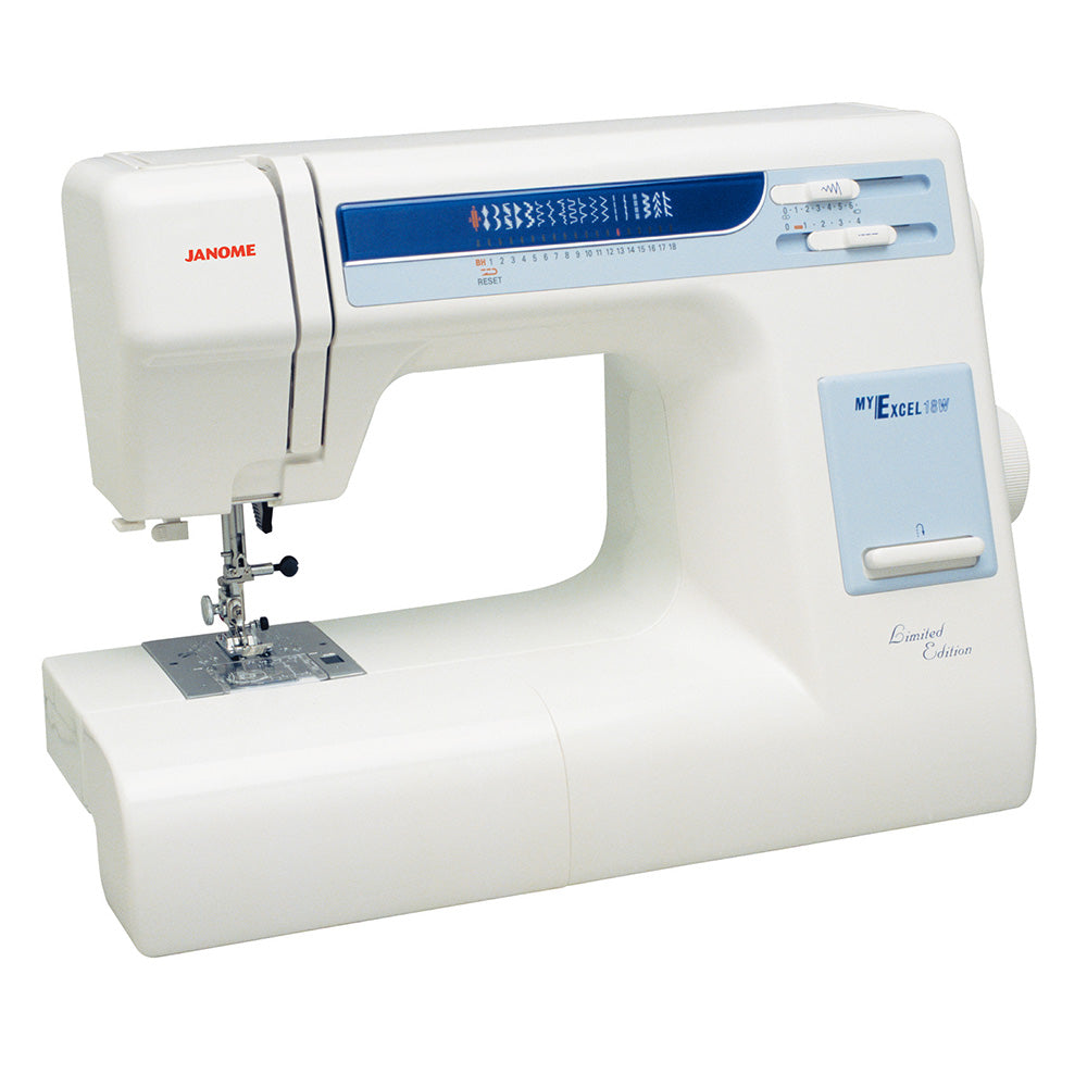 White Janome sewing machine with blue control panel on a white background