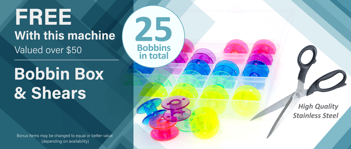 Bonus, Bobbin box with colorful bobbins and shears on a blue and white background