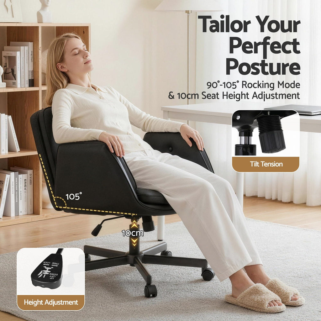 Woman sitting on a black office chair with adjustable features in a home office setting.