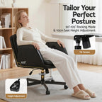 Woman sitting on a black office chair with adjustable features in a home office setting.