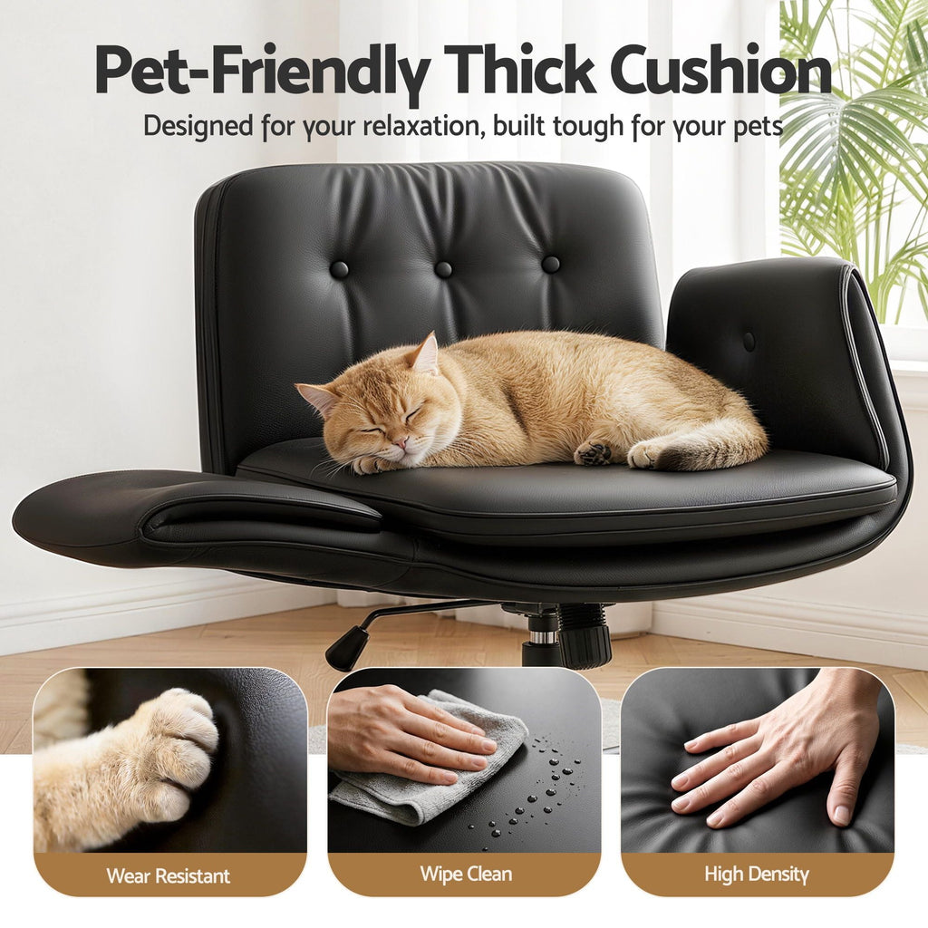 Black pet-friendly thick cushion on a chair with a cat sleeping on it, surrounded by images of paw, cleaning, and density